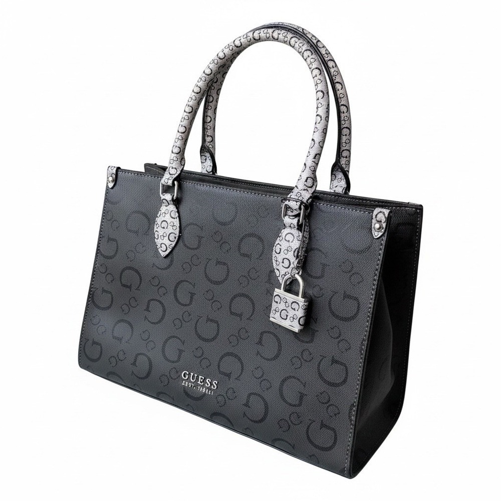 Guess Oak Park Carry All Tote Bag  Black/Gray Lock Charm NWT Chic Classic